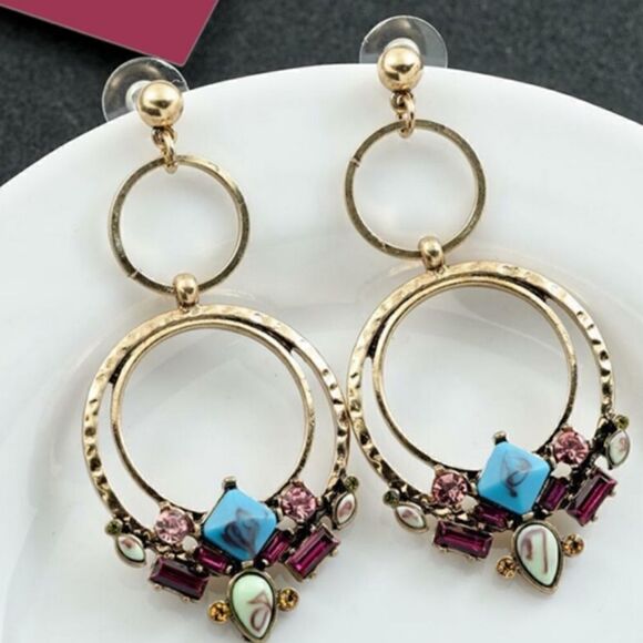 Retro Double Hoop Colorful Dangle Earrings - Picture 1 of 4